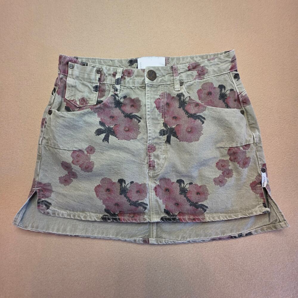 One Teaspoon Vanguard High-Waisted Denim Mini Skirt Khaki Hibiscus Floral Sz 27